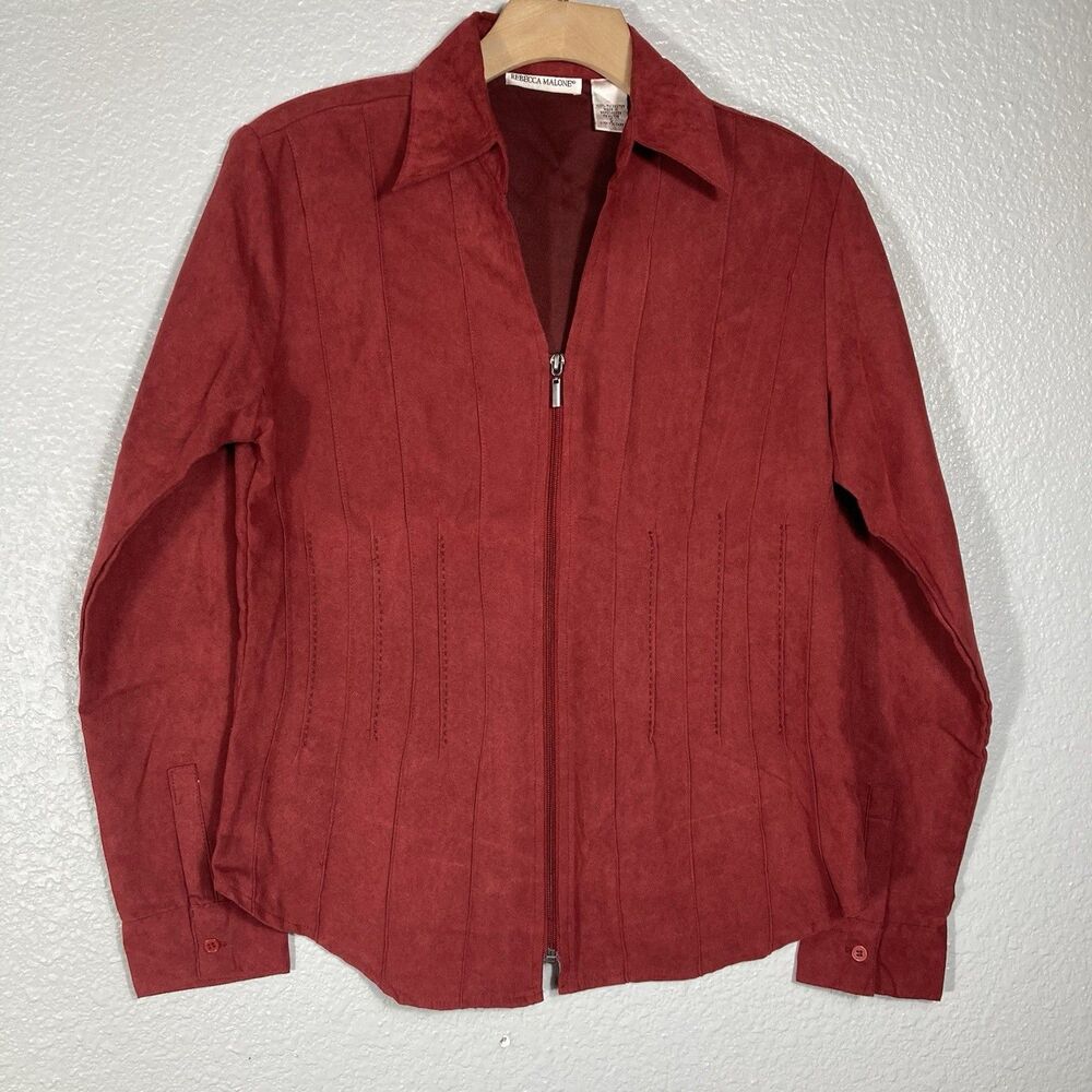 Rebecca Malone Womens Faux Suede Shirt Jacket S Zip Up Western Dark Red Ribbed
